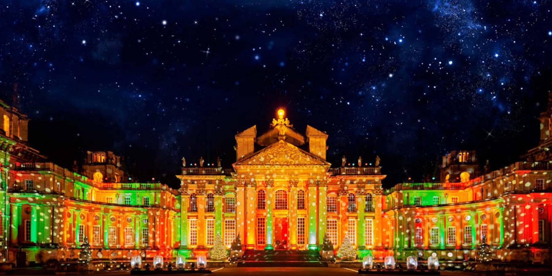 Blenheim Palace illuminated at night at Christmas in The Cotswolds.